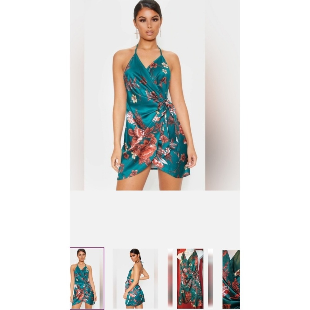 NWT- PrettyLittleThing Teal Red Floral Satin Halter Wrap Mini Dress Size 6
